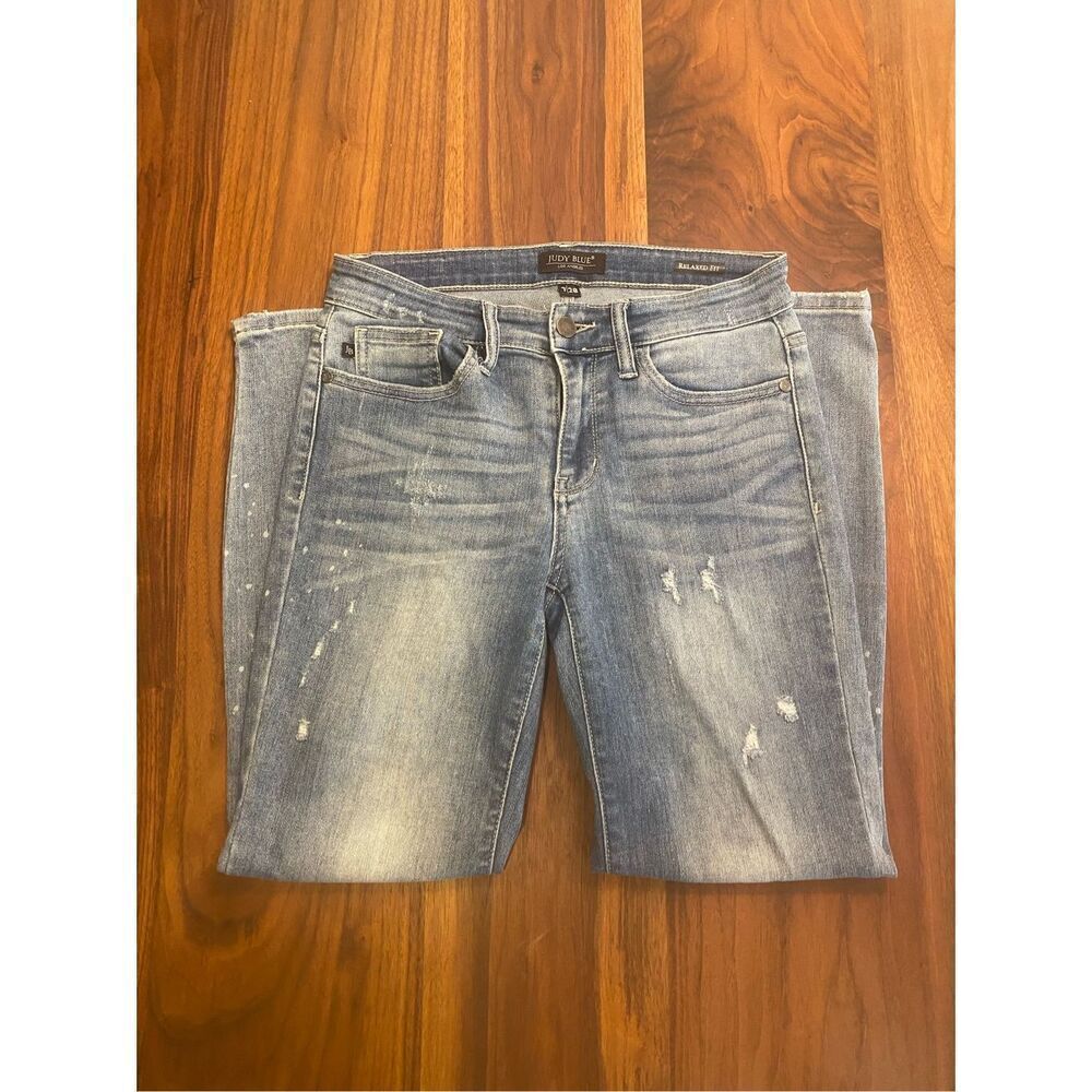 Judy Blue Women's Mid Wash Blue Distressed Ripped Relaxed Skinny Jeans Size 7/28